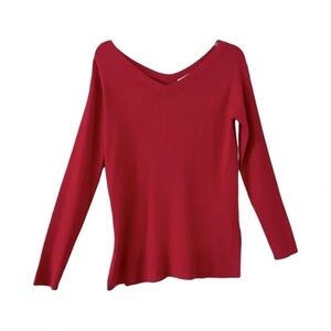 Lafayette 148 | Red Ribbed Knit V-Neck Sweater, Small